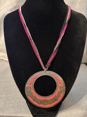 Pink and Antique Silver Round Pendant Necklace - Women Jewelry